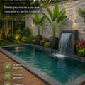 Illustration d'une piscine moderne avec une cascade et un jardin tropical luxuriant
