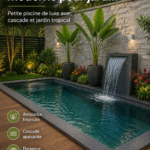 Illustration d'une piscine moderne avec une cascade et un jardin tropical luxuriant