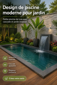 Illustration d'une piscine moderne avec une cascade et un jardin tropical luxuriant