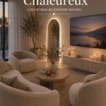 Un salon cosy avec des teintes neutres et de la décoration apaisante.