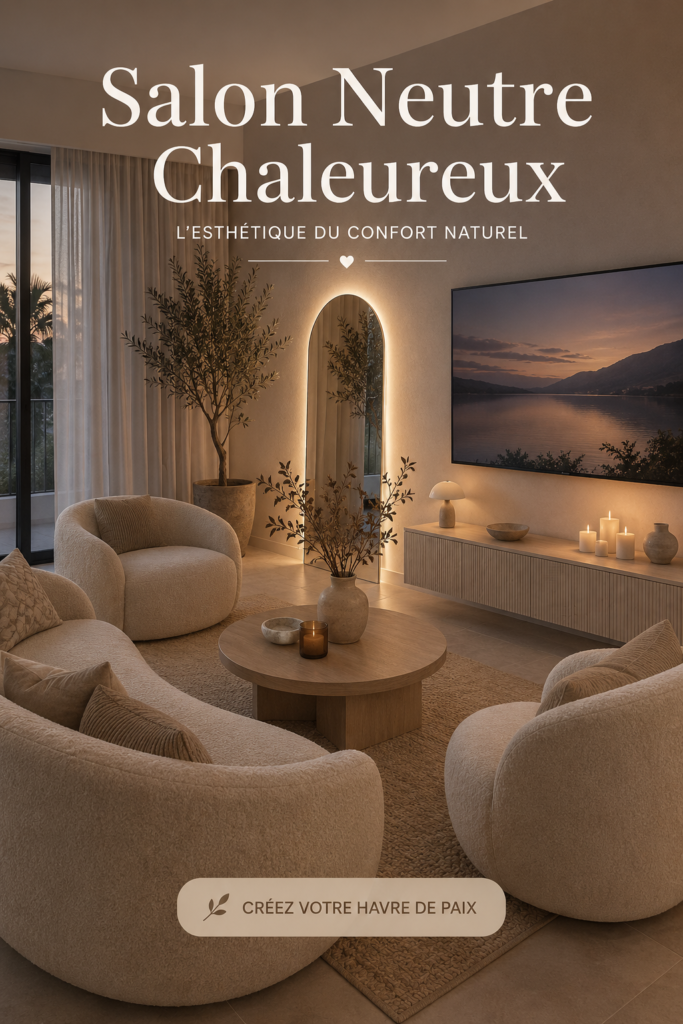Un salon cosy avec des teintes neutres et de la décoration apaisante.
