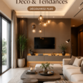 Un salon moderne décoré avec des meubles et éclairages tendances pour 2025.