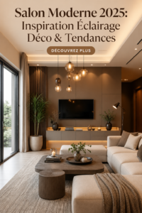 Un salon moderne décoré avec des meubles et éclairages tendances pour 2025.