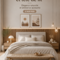 Tête de lit en lattes de bois créant une ambiance chaleureuse dans une chambre moderne.