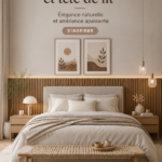 Tête de lit en lattes de bois créant une ambiance chaleureuse dans une chambre moderne.