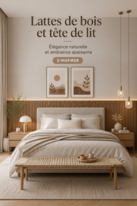 Tête de lit en lattes de bois créant une ambiance chaleureuse dans une chambre moderne.