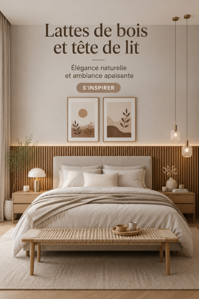 Tête de lit en lattes de bois créant une ambiance chaleureuse dans une chambre moderne.