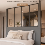 Tête de lit verrière moderne en verre dans une chambre décorée avec soin