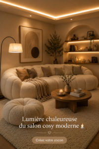 Salon moderne avec une ambiance chaleureuse, éclairé par des lumières douces et décoré avec des textiles cosy.