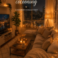 Un salon cocooning avec des coussins douillets et un éclairage chaleureux.