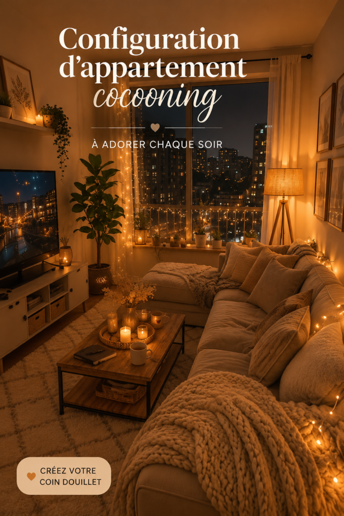 Un salon cocooning avec des coussins douillets et un éclairage chaleureux.