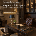 Un bureau à domicile élégant avec une décoration soignée et des luminaires modernes.