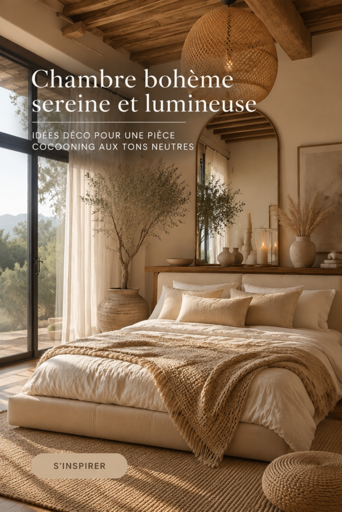 Chambre boho lumineuse avec des éléments naturels et des couleurs neutres