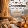 Chambre cocooning avec un livre et une tasse de café sur une table de nuit