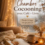 Chambre cocooning avec un livre et une tasse de café sur une table de nuit