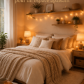 Chambre cocooning avec des teintes douces et des éléments chaleureux