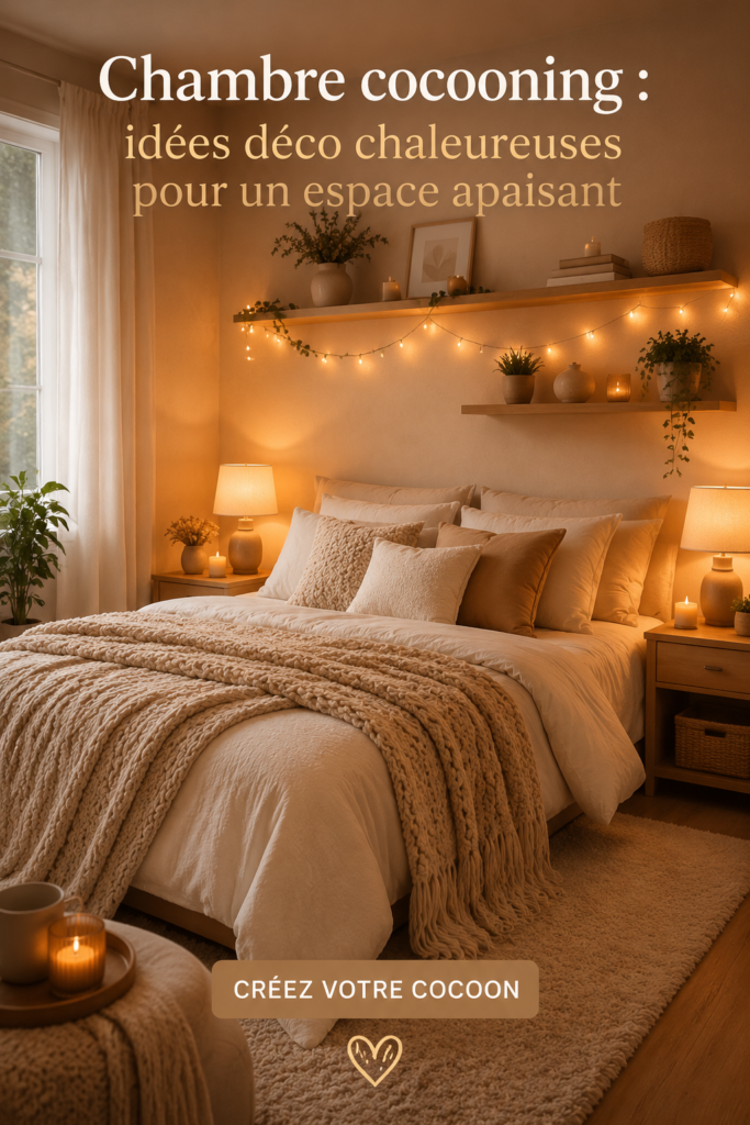 Chambre cocooning avec des teintes douces et des éléments chaleureux