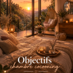 Chambre décorée de façon cosy avec vue sur un coucher de soleil.