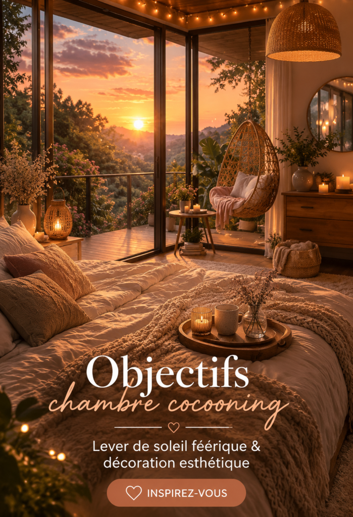 Chambre décorée de façon cosy avec vue sur un coucher de soleil.