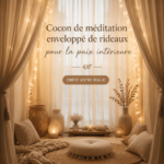 Une femme méditant dans un cocon apaisant, entourée de coussins et de lumière douce.
