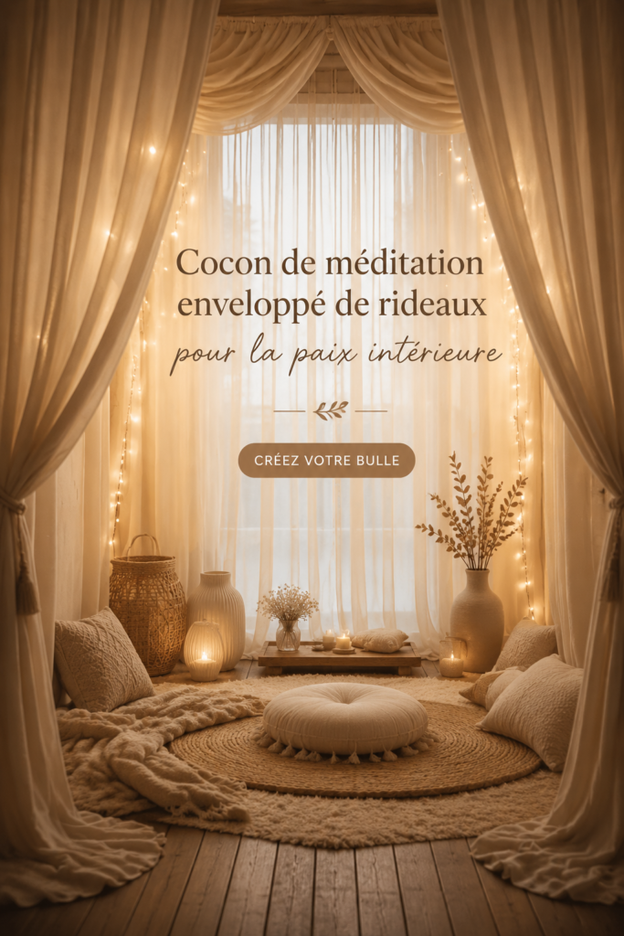Une femme méditant dans un cocon apaisant, entourée de coussins et de lumière douce.