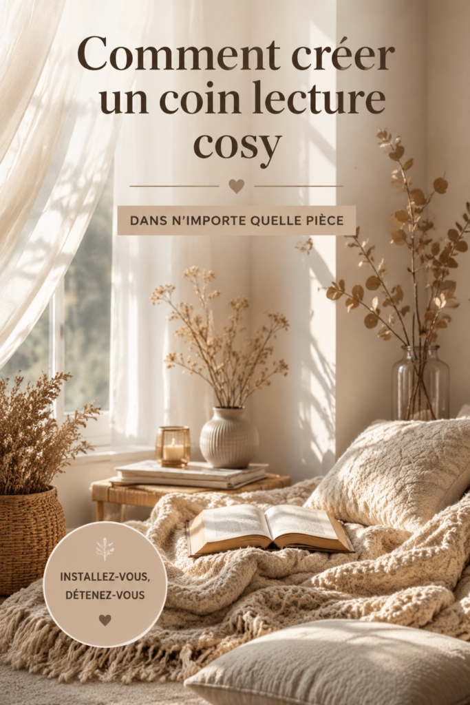 Coin lecture cosy avec un fauteuil confortable, des livres et de la lumière douce
