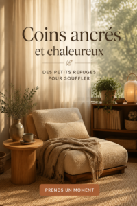 Coin de grounding dans un salon chaleureux avec des plantes et des coussins - un espace apaisant pour la détente
