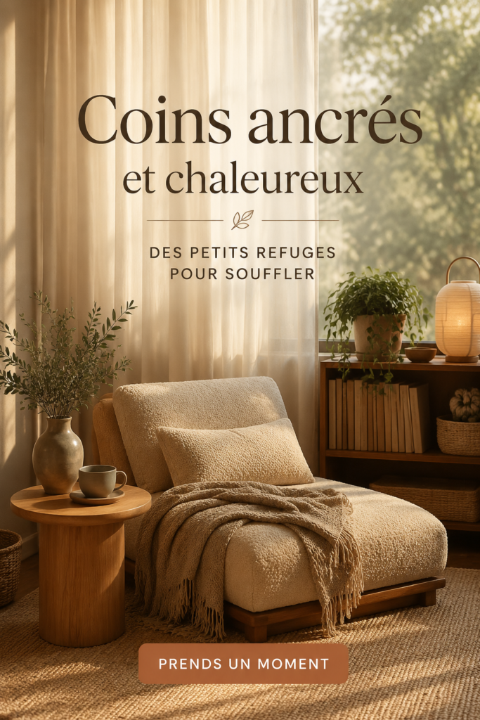Coin de grounding dans un salon chaleureux avec des plantes et des coussins - un espace apaisant pour la détente