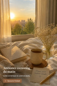 Chambre avec ambiance cosy et matinale, décor chaleureux et apaisant