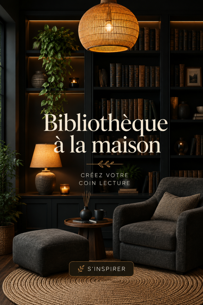 Une belle bibliothèque à domicile avec des étagères bien organisées et des accents confortables.