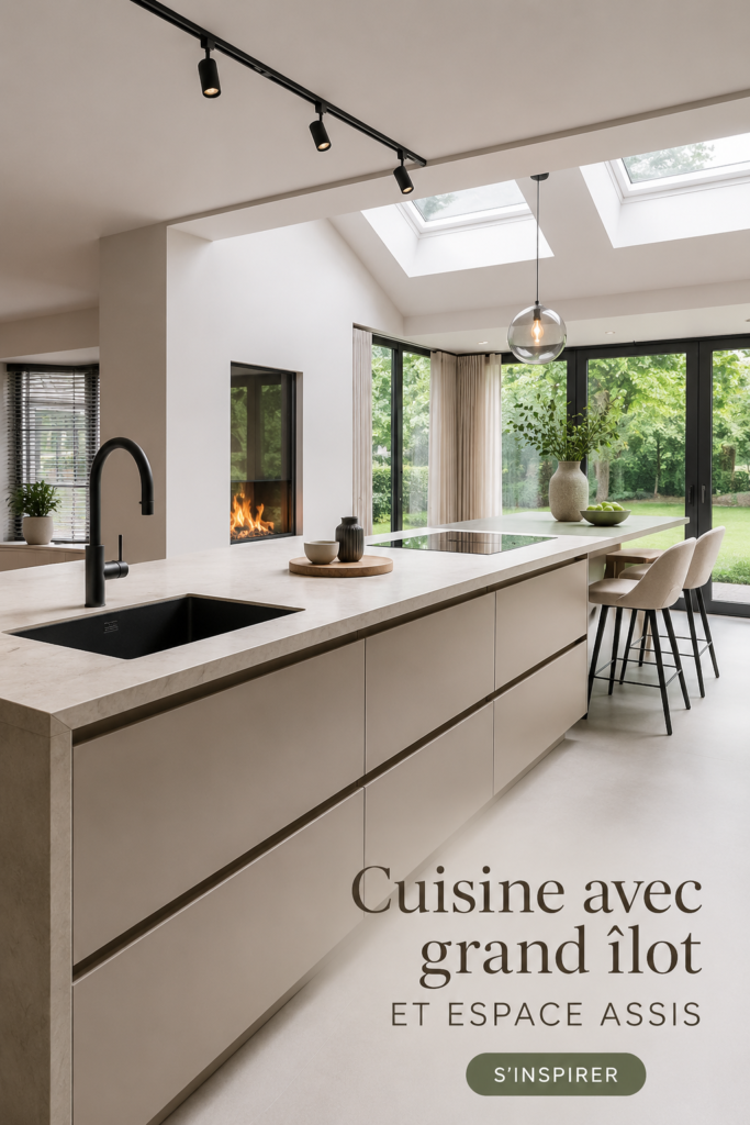 Cuisine moderne avec un grand îlot et un coin repas chaleureux