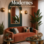 Salon moderne décoré dans le style Art Déco, avec des lignes épurées et des couleurs élégantes.