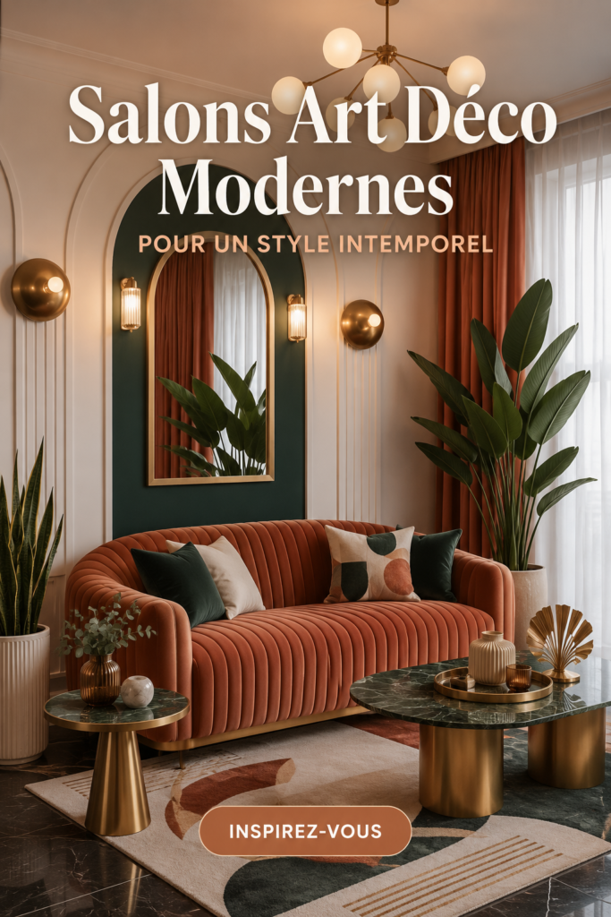 Salon moderne décoré dans le style Art Déco, avec des lignes épurées et des couleurs élégantes.