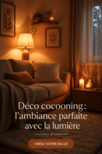 Un salon au décor cocooning avec un éclairage doux et chaleureux.