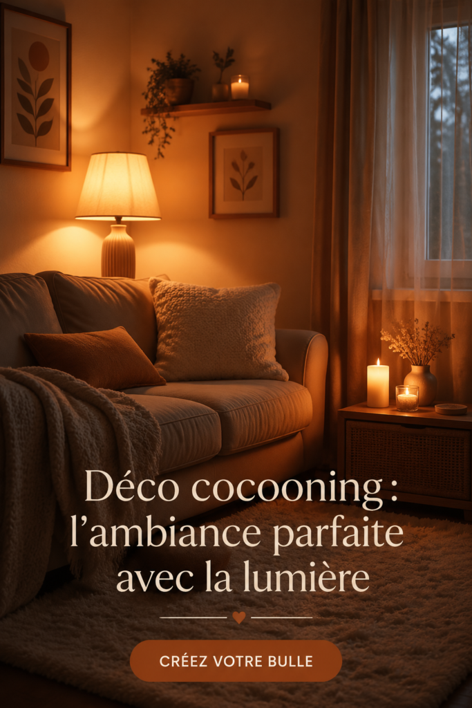 Un salon au décor cocooning avec un éclairage doux et chaleureux.