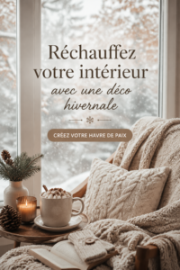 Un salon chaleureux décoré pour l'hiver avec textiles douillets