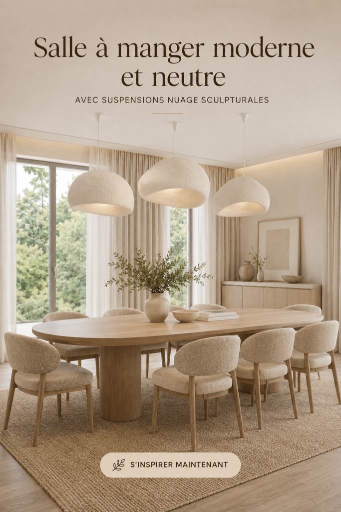 Salle à manger moderne avec un éclairage sculptural nuage et des couleurs neutres.