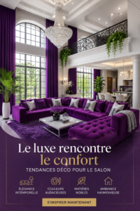 Salon décoré avec des éléments luxueux et confortables, incluant des tissus riches et des meubles élégants.