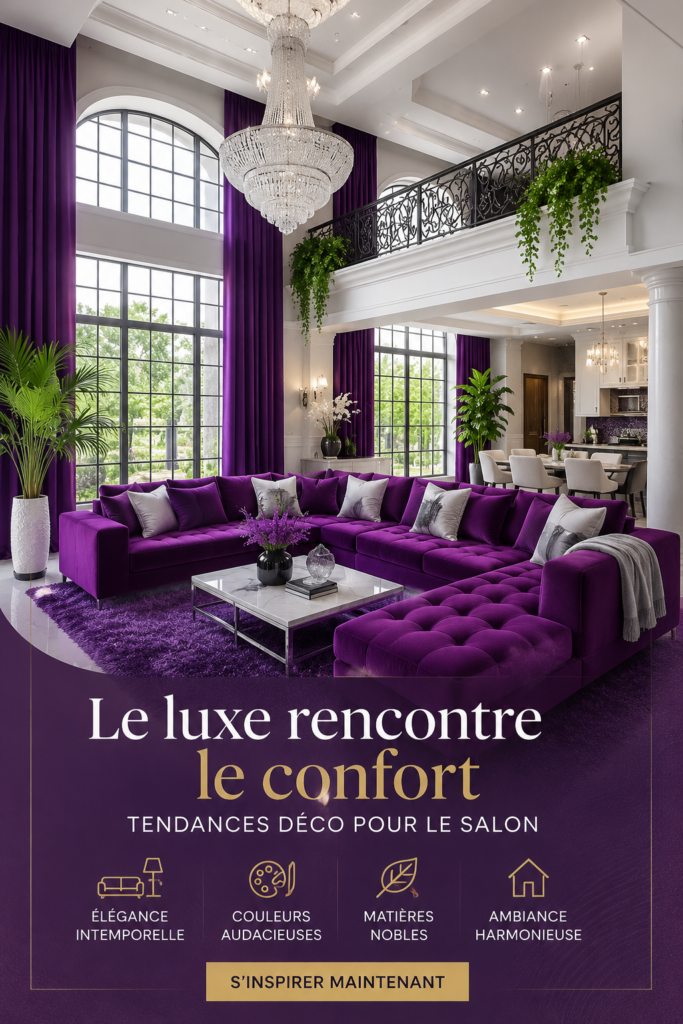 Salon décoré avec des éléments luxueux et confortables, incluant des tissus riches et des meubles élégants.