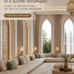 Un majlis moderne avec des teintes terreuses et des accents métalliques.