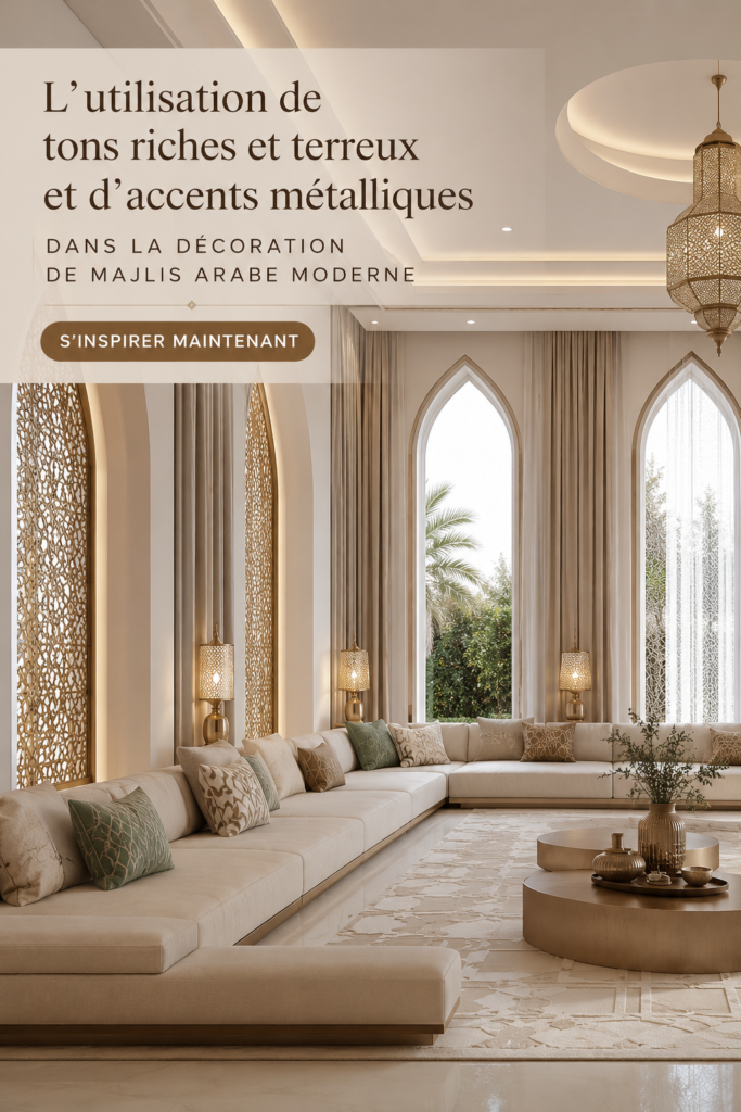 Un majlis moderne avec des teintes terreuses et des accents métalliques.