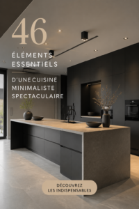 Une cuisine minimaliste élégante avec des lignes épurées et des rangements fonctionnels.