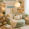 Un beau coin lecture avec des coussins et une lumière douce pour créer une ambiance chaleureuse.