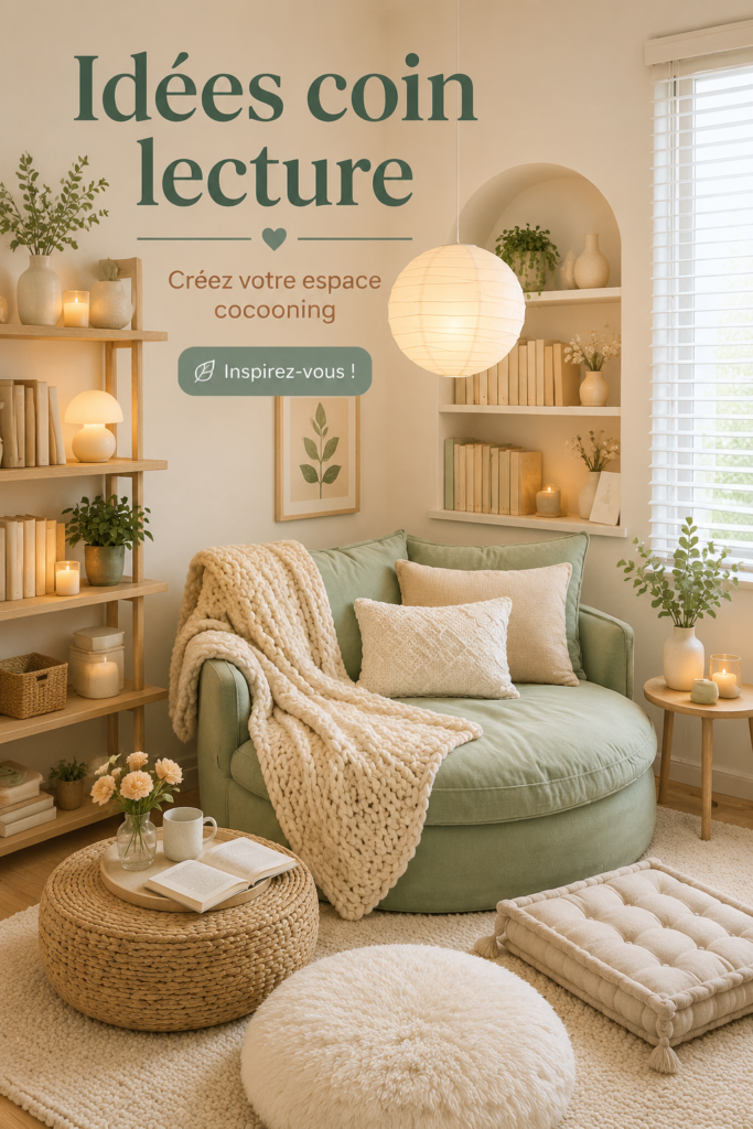 Un beau coin lecture avec des coussins et une lumière douce pour créer une ambiance chaleureuse.