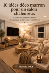 Salon chaleureux décoré avec des éléments bruns et des textures douces.