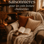 Un coin lecture cosy avec des coussins, une couverture et une lumière tamisée