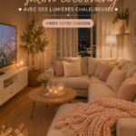 Salon moderne avec un éclairage chaleureux et décoratif