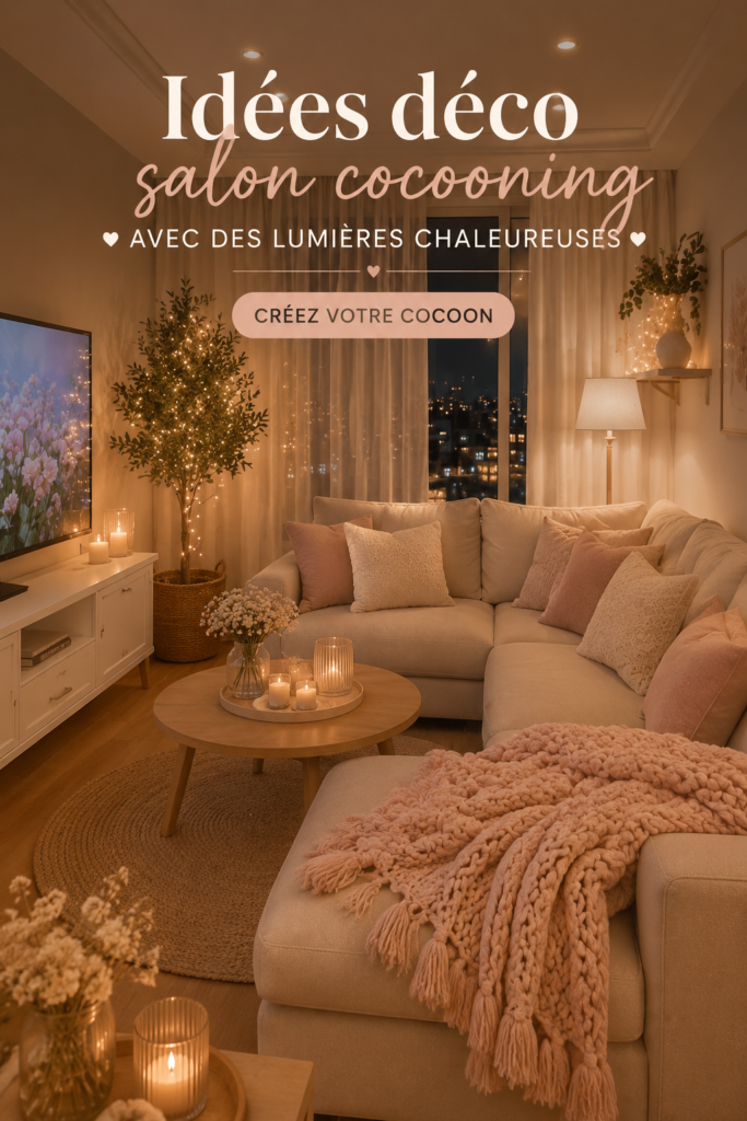 Salon moderne avec un éclairage chaleureux et décoratif