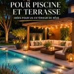 Un jardin moderne avec une belle piscine et une terrasse accueillante, parfait pour les soirées d'été.