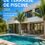 Terrasse de piscine moderne avec des chaises confortables et des plantes luxuriantes